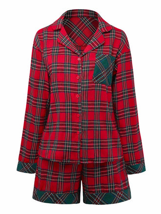 2PCS Red 1930s Christmas Plaid Pajama Set