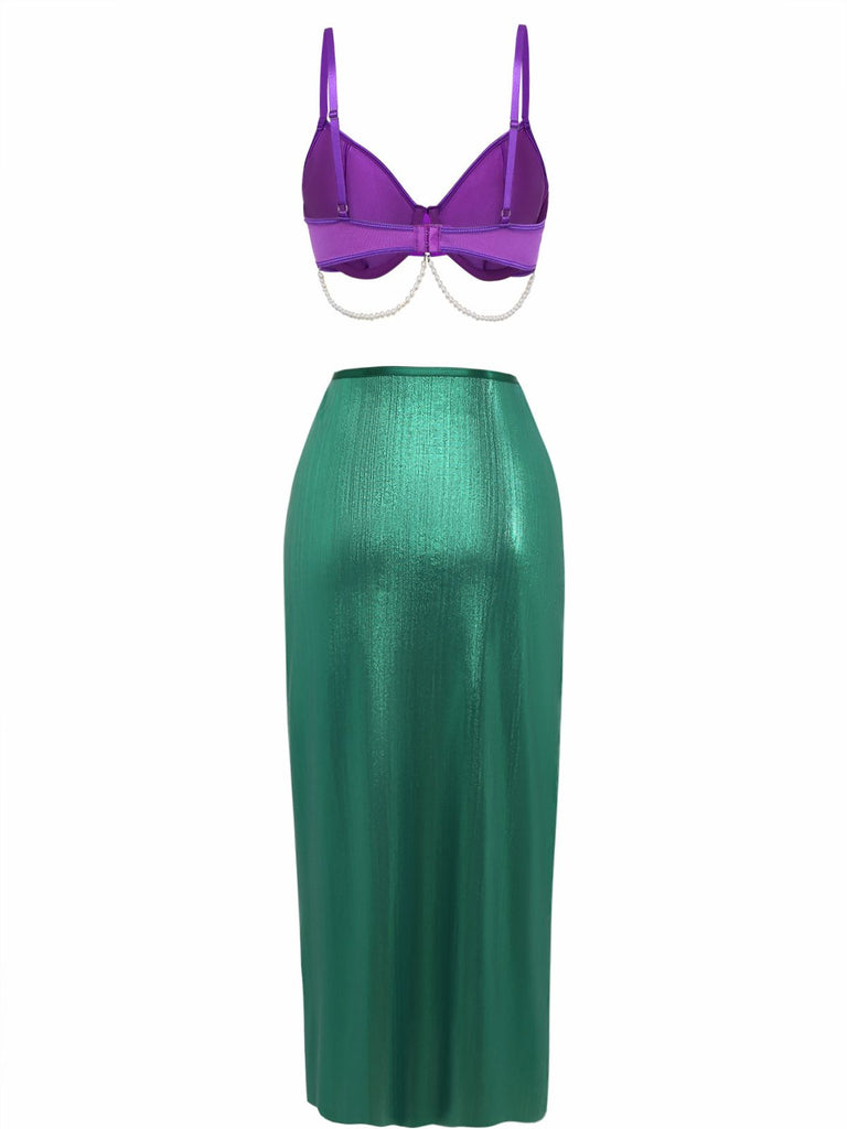 3PCS Purple 1970s Sea Pearl Satin Mermaid Sleepwear Set