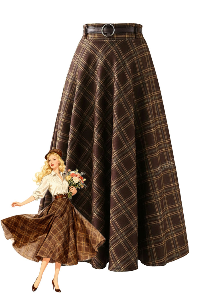 Brown 1980s Plaid Belted Midi Skirt
