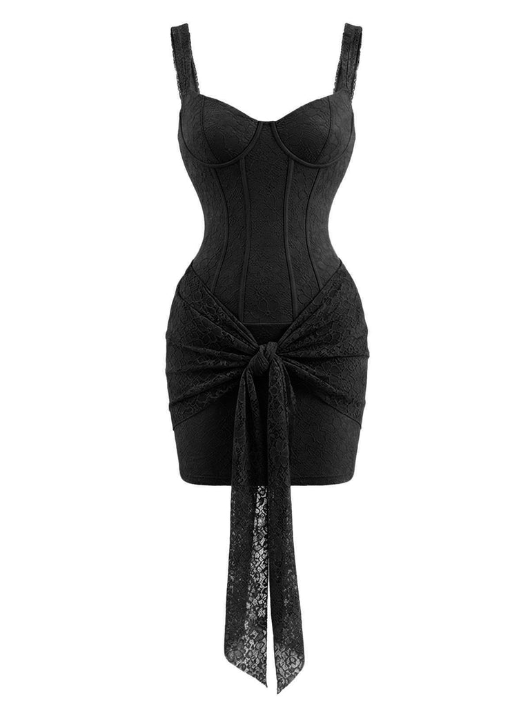 2000s Solid Lace Sexy V-Neck Belted Sheath Slip Dress - vintage dress, retro fashion, elegant style for vintage lovers