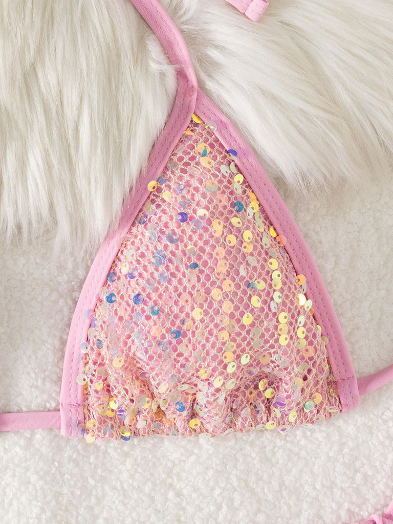 2000s Y2K Sequin Tie-Halter Triangle Bikini Set: beautiful vintage swimwear, retro swimsuit, pin-up style with timeless appeal