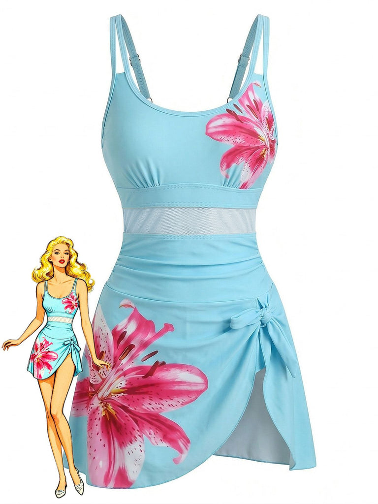 1940s Floral Strappy Scoop-Neck Tie Mesh Swim Dress
