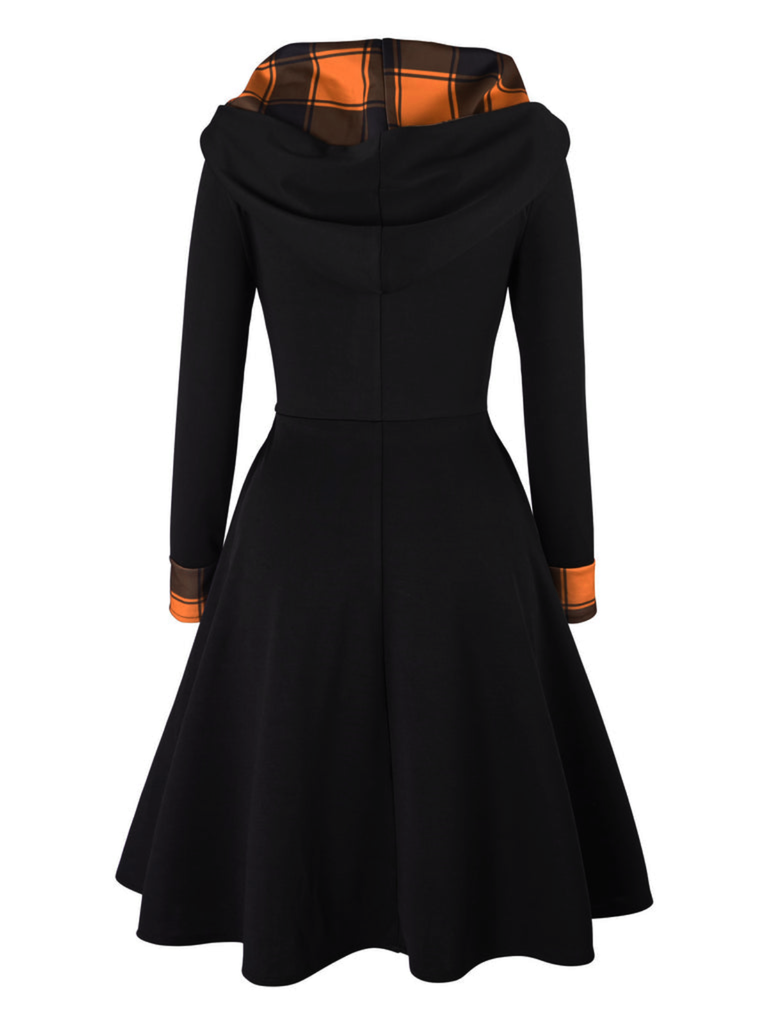 Black 1950s Plaid Hooded Button Dress