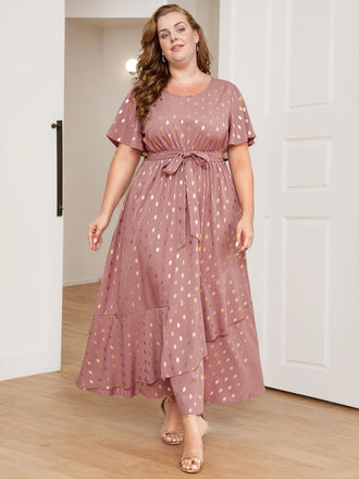 [Plus Size] Lotus Pink 1930s Bronzing Polka Dot Waist Dress