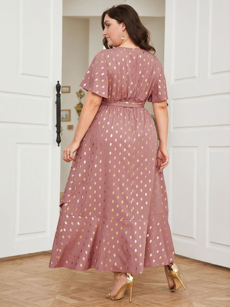 [Plus Size] Lotus Pink 1930s Bronzing Polka Dot Waist Dress