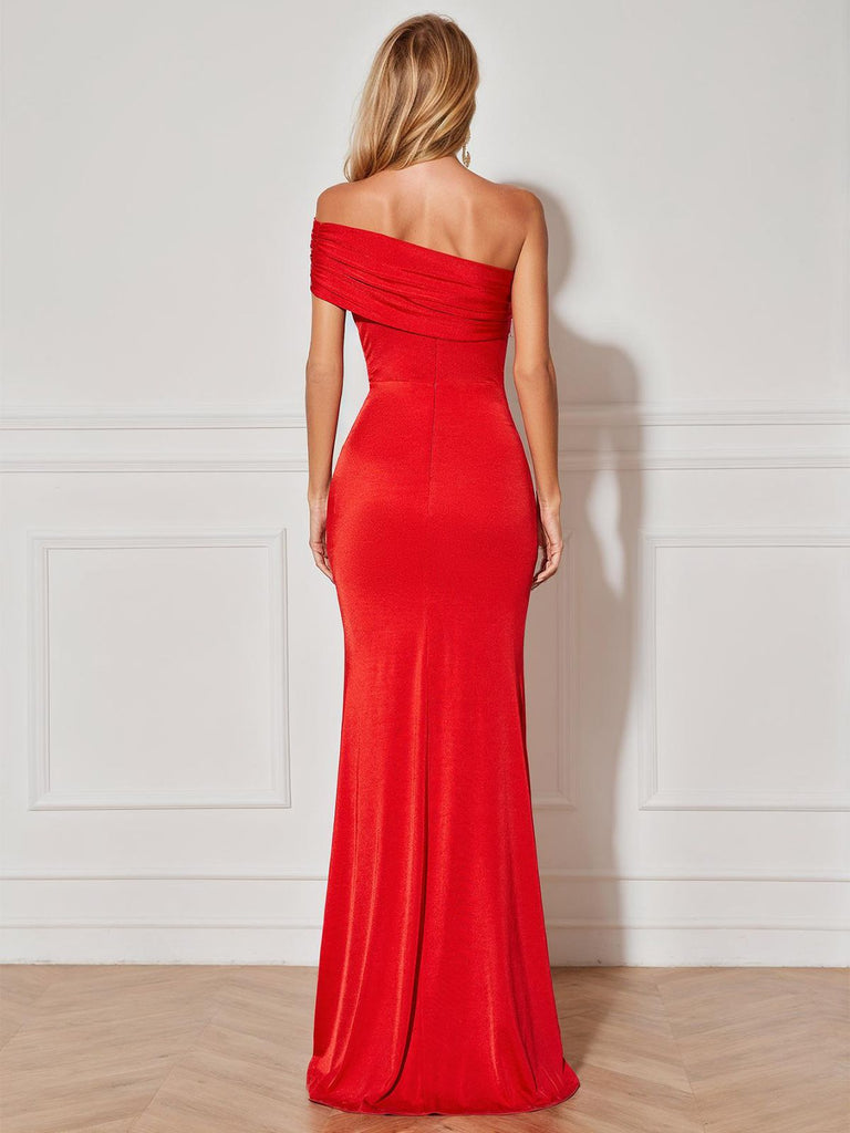 Red 1930s Solid One Shoulder Slit Dress