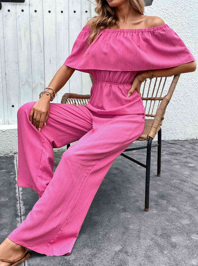 Pink 1960s Solid Off-Shoulder Wideleg Jumpsuit