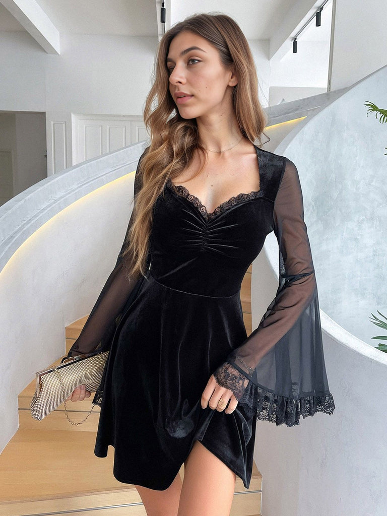 Black 1970s Halloween Lace Bat Sleeves Dress