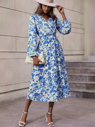 Blue 1940s V-Neck Floral Long Sleeve Dress