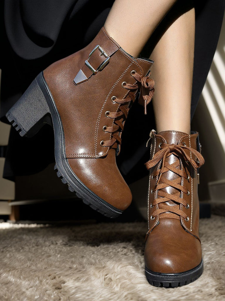 Brown Vintage Leather Chunky High Heels