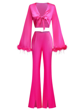 2PCS 1970s Feather Cuff Tie-Up Crop Top & Slit Pants
