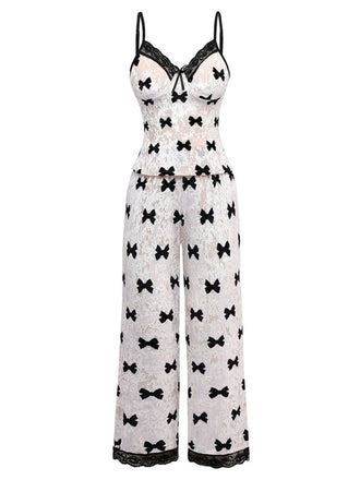 White 1940s Bow Print Velvet Pajama Set
