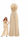 Beige 1960s Beaded Ruched Backless Wide-Leg Jumpsuit