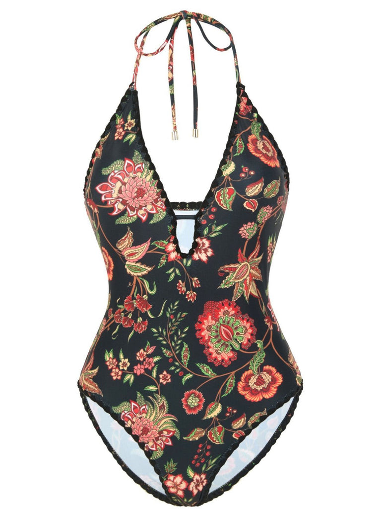 2PCS 1960s Deep V-Neck Fringe Swimsuit & Cover-Up