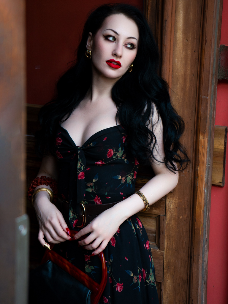 Black 1930s Rose V-Neck Bohemian Slip Dress