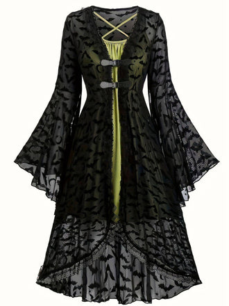 [Plus Size] 2PCS Black 1940s Bat Mesh Outwear & Green Dress