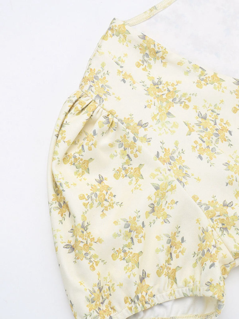 Yellow 1960s Floral Puff Sleeves V-Neck Dress