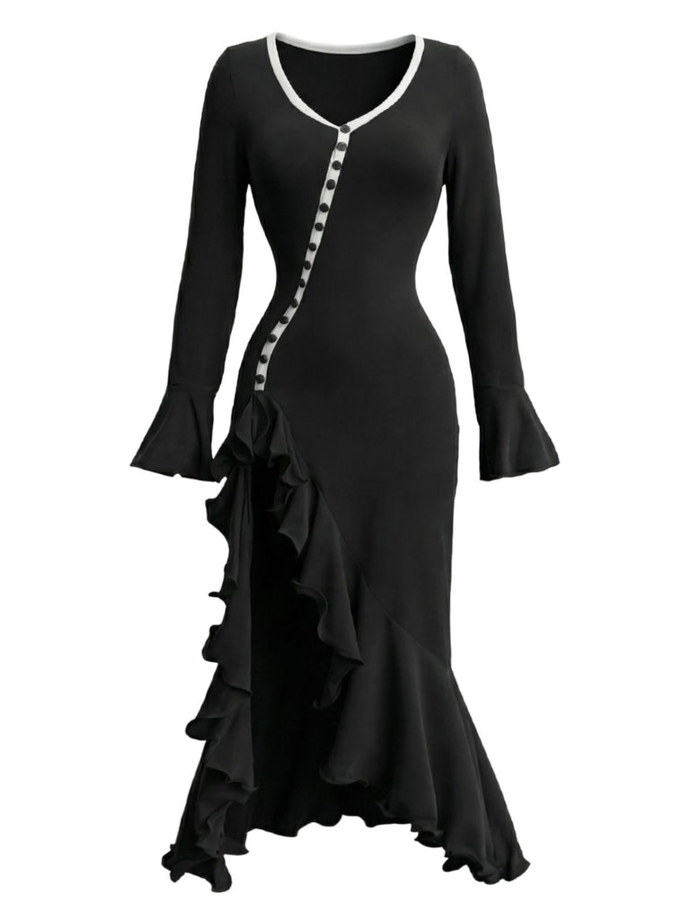 1930s Ruffled Button Side Slit Midi Dress