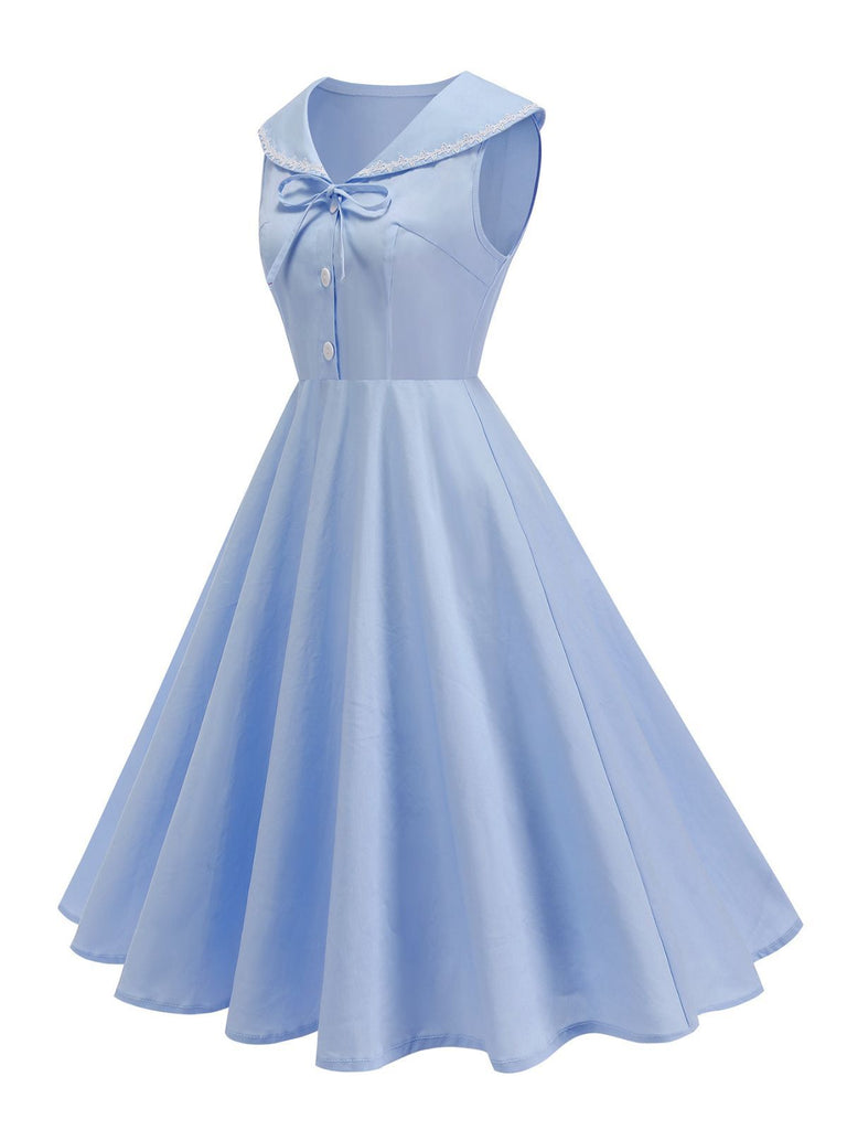 1950s Sailor Collar Bow-Tie Solid Sleeveless Dress