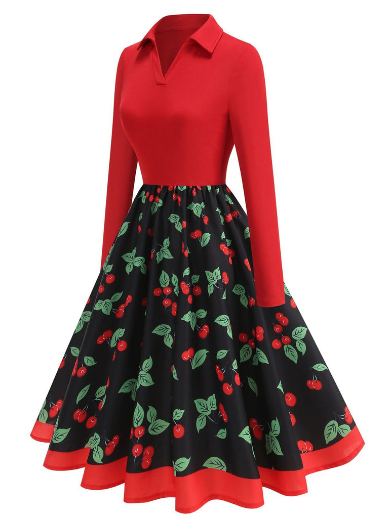 Red 1950s Cherry Print Long Sleeve Swing Dress
