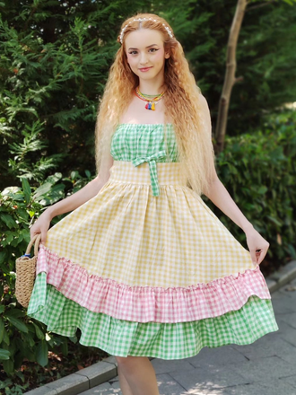 Multicolor 1950s Pure Cotton Straps Plaid Dress