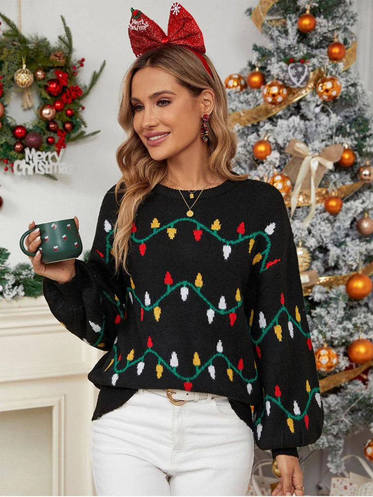 Black 1960s Christmas Lights Knit Sweater