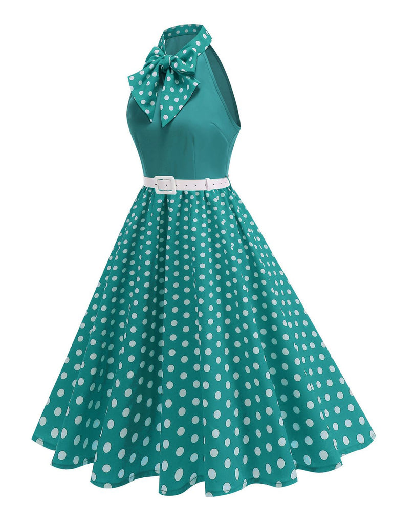 1950s Bow Tie Neck Polka Dot Belted Dress
