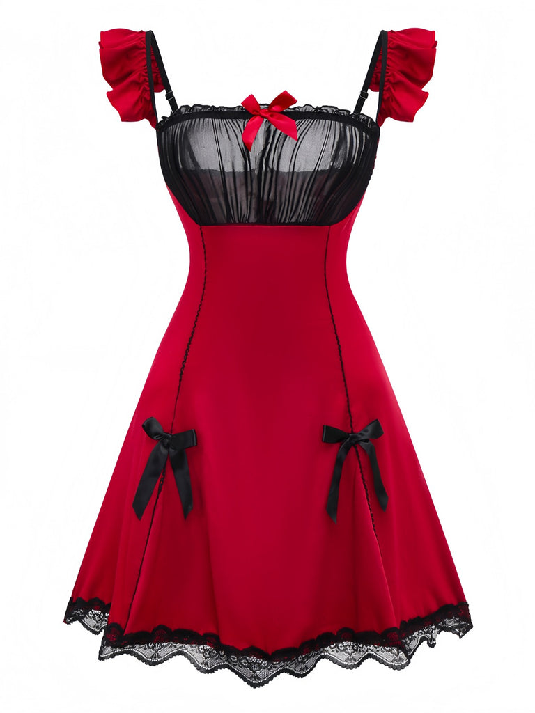 Red 1960s Bow Lace Patchwork Ruffled Nightgown