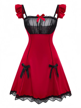 Red 1960s Bow Lace Patchwork Ruffled Nightgown