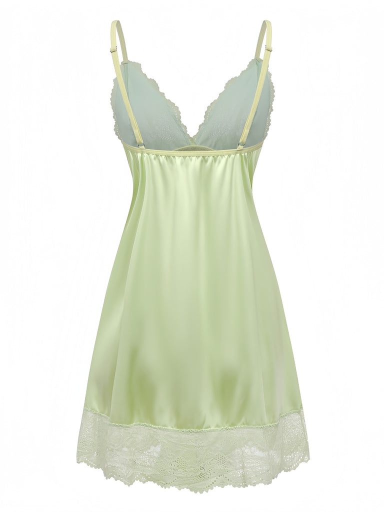 Green 1960s Lace Satin V-Neck Spaghetti Strap Nightgown
