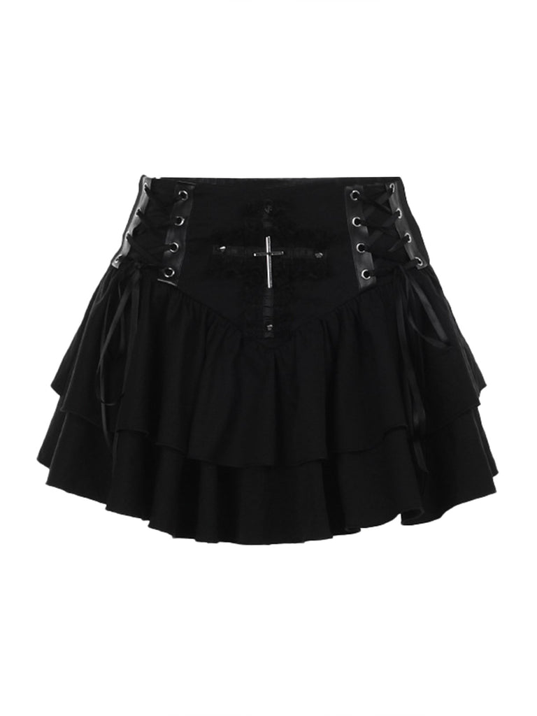 Black 1950s Lace-Up Cross Lace Skirt