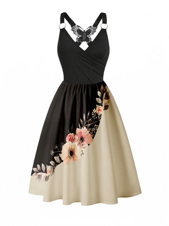 1950s Lace Butterfly Floral Colorblock Dress