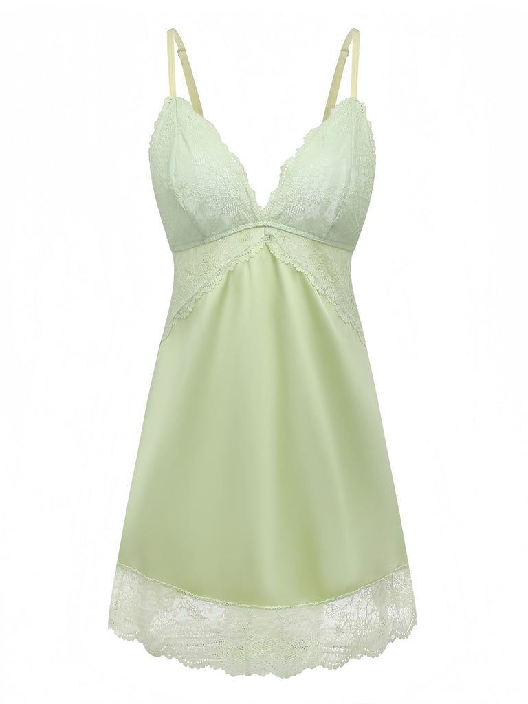 Green 1960s Lace Satin V-Neck Spaghetti Strap Nightgown
