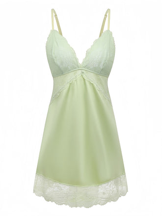 Green 1960s Lace Satin V-Neck Spaghetti Strap Nightgown