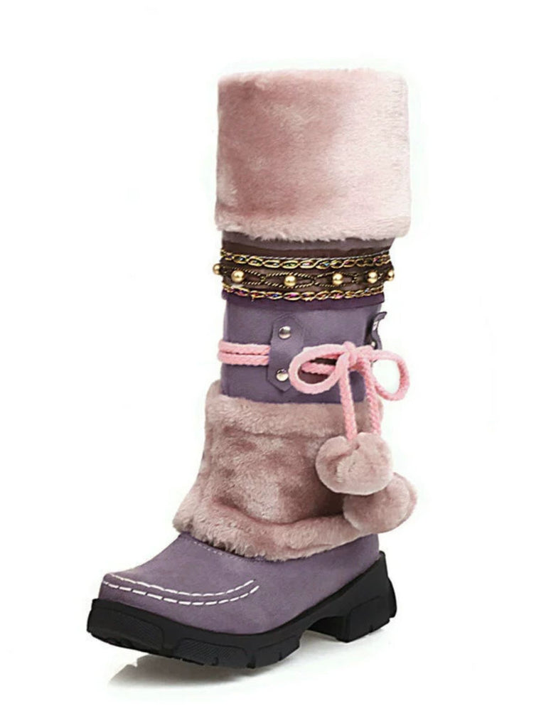 Vintage Faux Fur Pom-Pom Winter Snow Boots