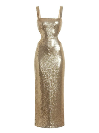 Gold 1920s Sequined Backless Evening Maxi Dress
