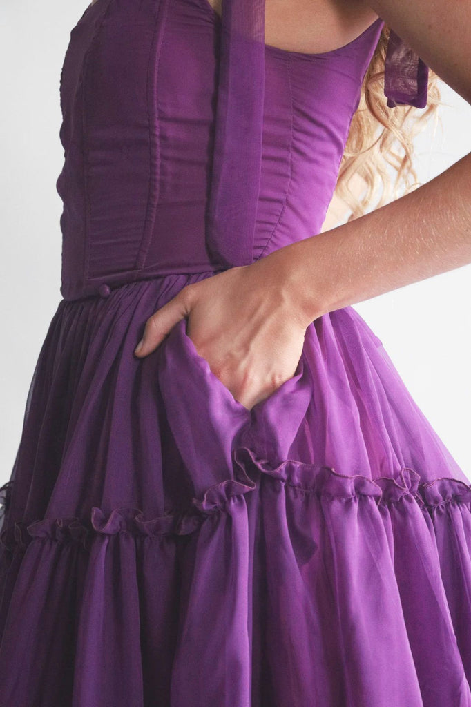 1950s Solid Multi-Layered Ruffle Tulle Dress