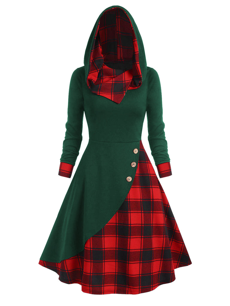 Green&Red 1950s Christmas Plaids Hooded Dress