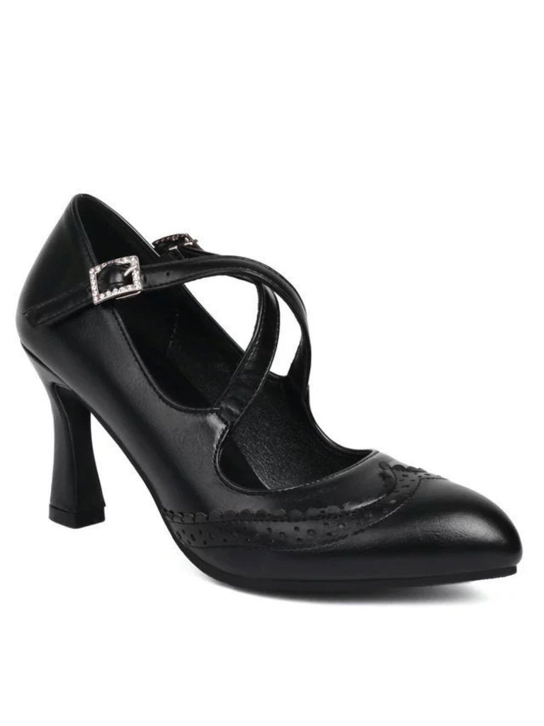 Vintage Crossed Straps Brogue Detail High Heel Shoes