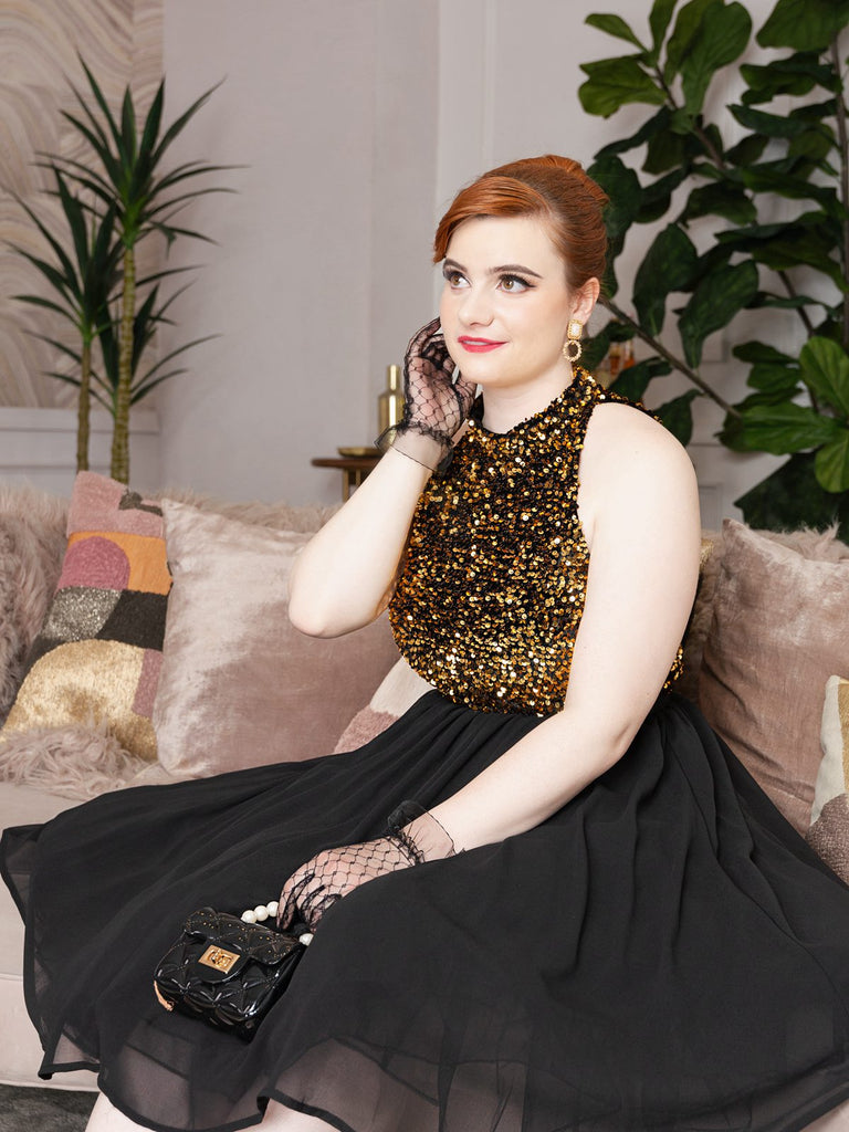 Black 1950s Gold Glitter Patchwork Dress