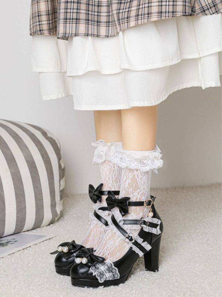 Vintage Bow Pearls Lace Chunky Lolita Heels