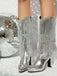 Metallic Pointed-toe Fringe Block-heel High Boots