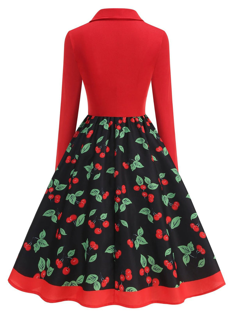 Red 1950s Cherry Print Long Sleeve Swing Dress