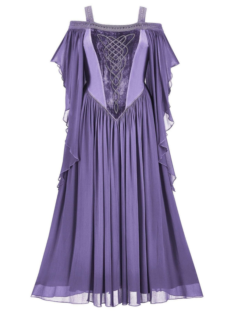 1950s Solid Velvet Mesh Cold Shoulder Dress