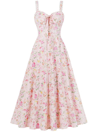1940s Floral Lace-Up Wide Strap Dress