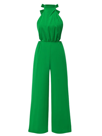1940s Solid Waist Cutout Halter Wide-Leg Jumpsuit