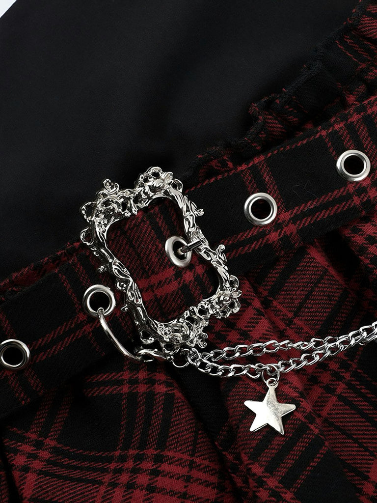 1980s Asymmetric Plaids Lace Chain Gothic Skirt