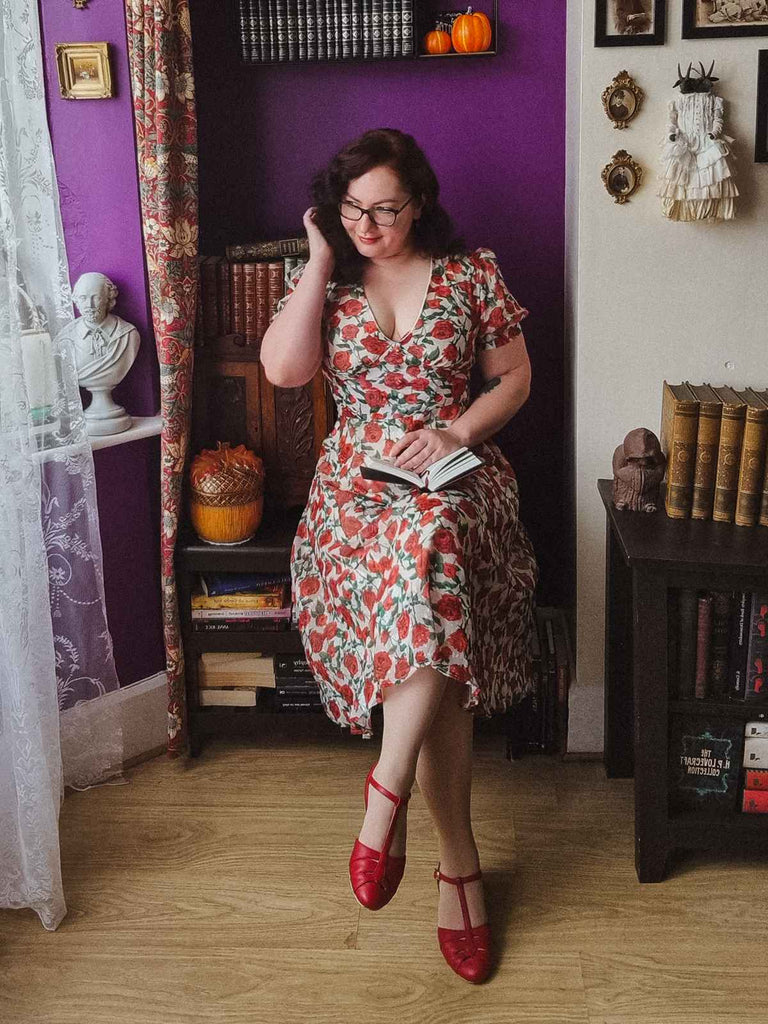 Red 1940s Rose V-Neck Swing Dress