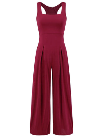 1950s Solid Square Neck Wide Strap Jumpsuit