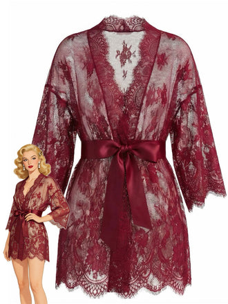 1960s Sexy Solid Lace Sheer Tie Loungewear